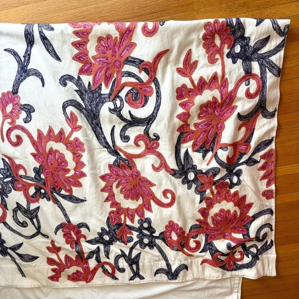 Vintage Anthropologie Embroidered Wool Curtain Pair 50x96 Floral Crewel Bohemian